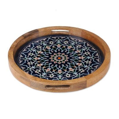 Alternate image for Mandala-Inspired Round Blue Resin-Coated Mango Wood Tray Tide of Mosaics
