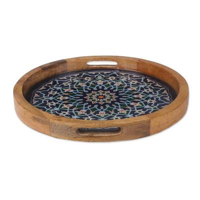 Alternate image for Mandala-Inspired Round Blue Resin-Coated Mango Wood Tray Tide of Mosaics