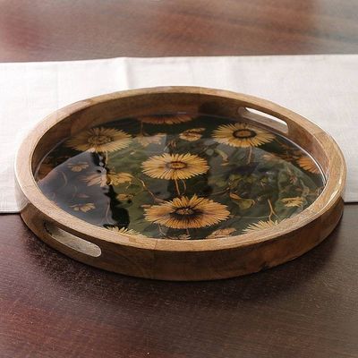 Alternate image for Sunflower-Themed Resin-Coated Mango Wood Tray from India Sunflower Memory