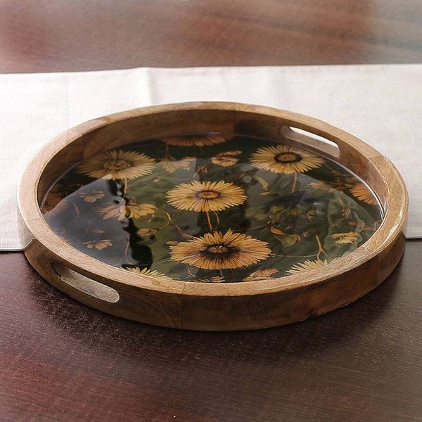 Alternate image for Sunflower-Themed Resin-Coated Mango Wood Tray from India Sunflower Memory