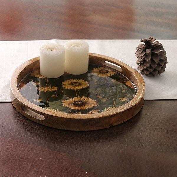 Alternate image for Sunflower-Themed Resin-Coated Mango Wood Tray from India Sunflower Memory