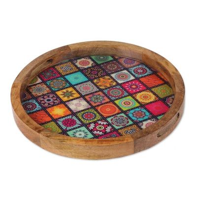 Alternate image for Mosaic-Themed Round Resin-Coated Mango Wood Tray from India Universal Tiles