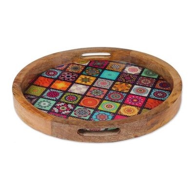 Alternate image for Mosaic-Themed Round Resin-Coated Mango Wood Tray from India Universal Tiles