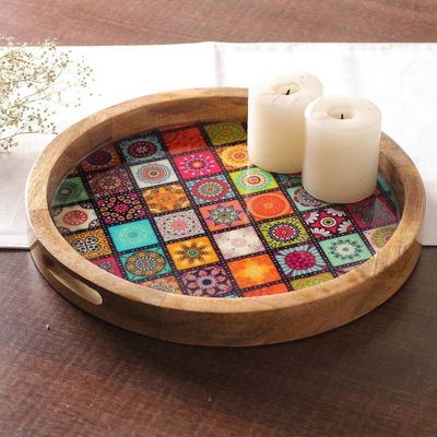 Alternate image for Mosaic-Themed Round Resin-Coated Mango Wood Tray from India Universal Tiles
