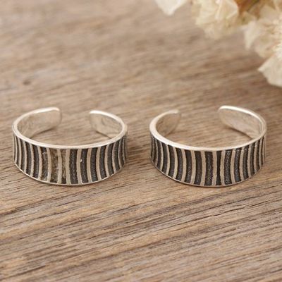 Primary image for Set of 2 Bohemian Style Sterling Silver Toe Rings from India Striped Style