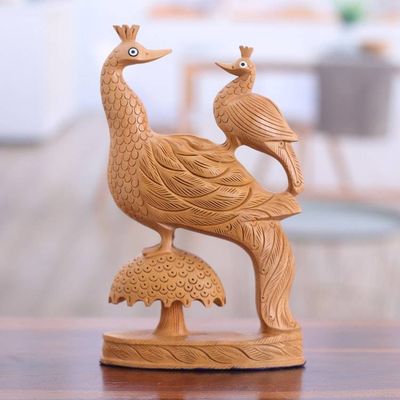 Primary image for Kadam Wood Sculpture of Father Peacock and Child from India Peacock Love