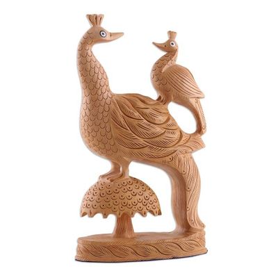 Alternate image for Kadam Wood Sculpture of Father Peacock and Child from India Peacock Love