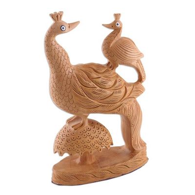 Alternate image for Kadam Wood Sculpture of Father Peacock and Child from India Peacock Love