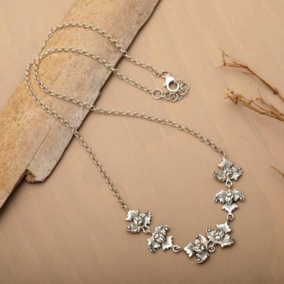 Primary image for Floral Lotus-Themed Sterling Silver Pendant Link Necklace Lotus  Luxury