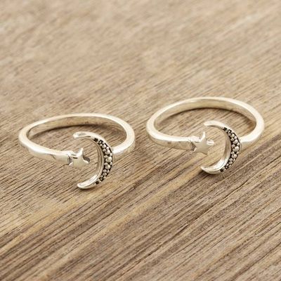 Primary image for Handmade Sterling Silver Star and Moon Toe Rings Pair Match Made in Heaven