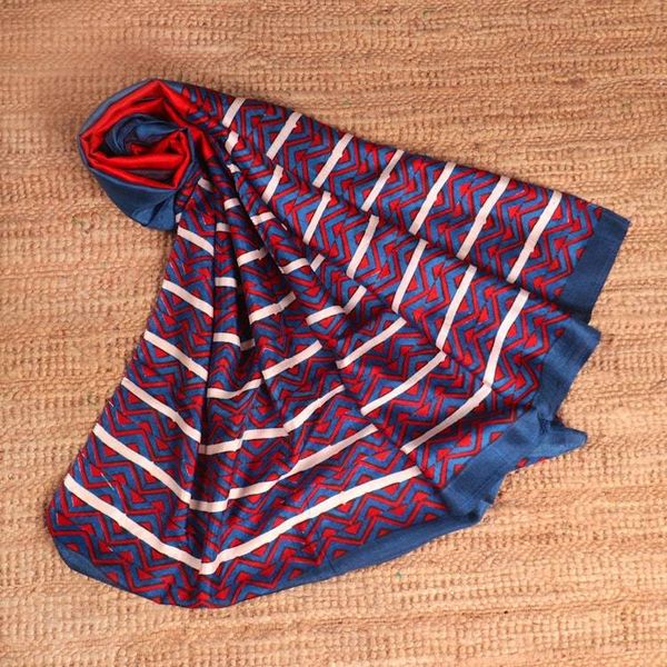 Alternate image for Modern Geometric-Themed Handwoven Silk Shawl in Blue and Red Vibrant Geometry
