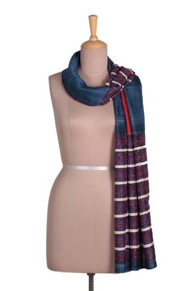 Alternate image for Modern Geometric-Themed Handwoven Silk Shawl in Blue and Red Vibrant Geometry
