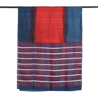 Alternate image for Modern Geometric-Themed Handwoven Silk Shawl in Blue and Red Vibrant Geometry