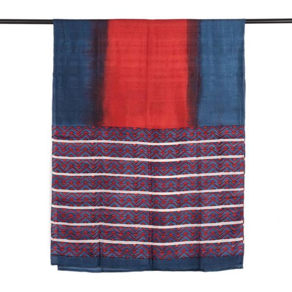 Alternate image for Modern Geometric-Themed Handwoven Silk Shawl in Blue and Red Vibrant Geometry