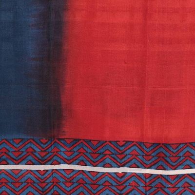 Alternate image for Modern Geometric-Themed Handwoven Silk Shawl in Blue and Red Vibrant Geometry