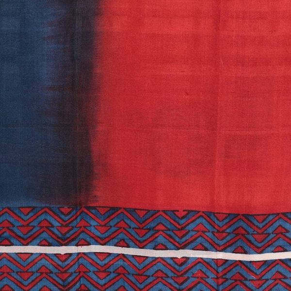 Alternate image for Modern Geometric-Themed Handwoven Silk Shawl in Blue and Red Vibrant Geometry