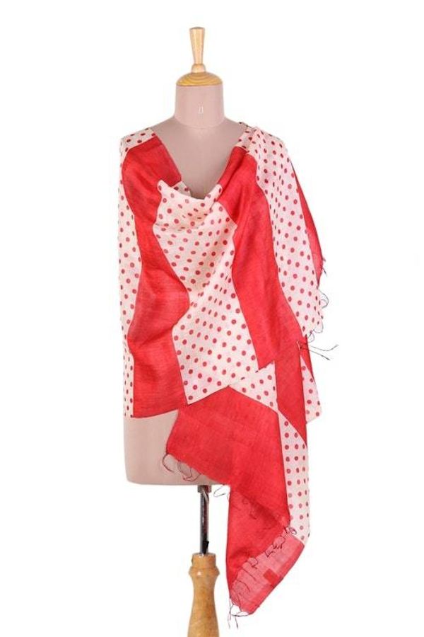 Alternate image for Handwoven Red and Ivory Polka Dot Silk Shawl from India Speckled Beauty
