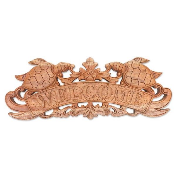 Alternate image for Hand Carved Turtle Wood Welcome Sign from Bali Turtle Welcome