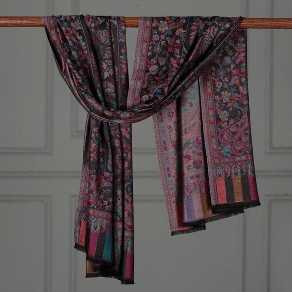 Alternate image for Multicolor Floral and Leafy-Patterned Fringed Modal Shawl Midnight Delhi