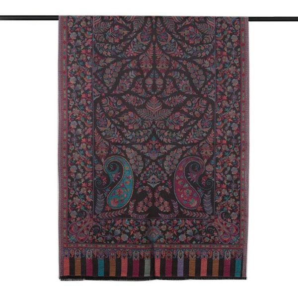 Alternate image for Multicolor Floral and Leafy-Patterned Fringed Modal Shawl Midnight Delhi