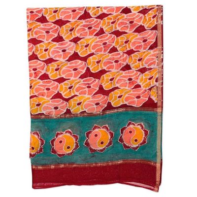 Alternate image for Cotton and Silk Shawl with Hand-Stamped Batik Floral Motifs Floral Grandeur