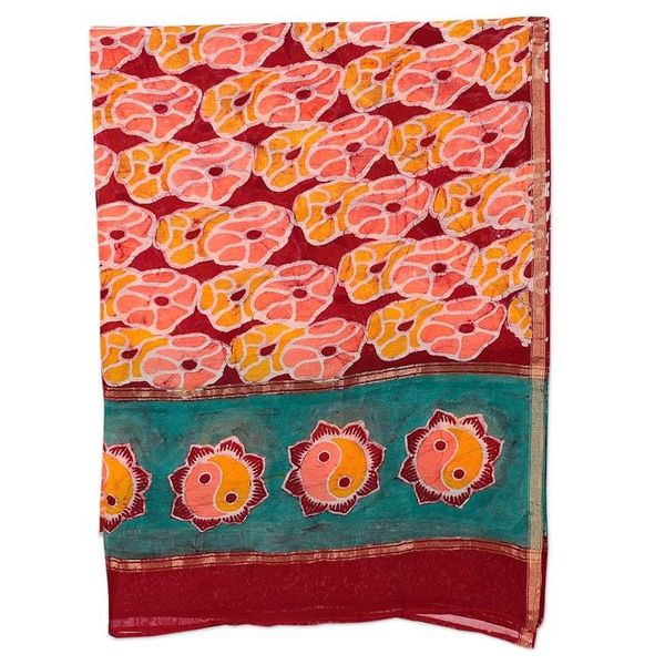 Alternate image for Cotton and Silk Shawl with Hand-Stamped Batik Floral Motifs Floral Grandeur