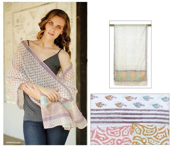 Alternate image for Cotton and Chanderi silk shawl Paisley Paradise