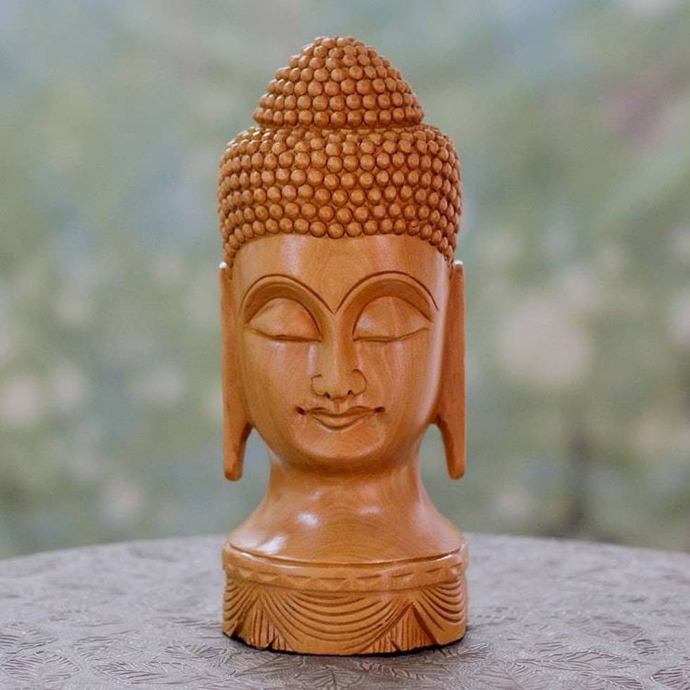 Vividly Hand Carved Wood Buddha Sculpture from India 'Meditative Buddha'