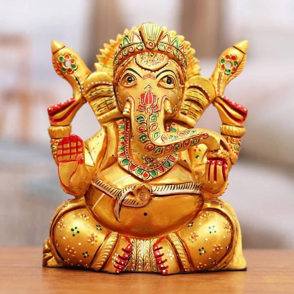 Hand-Painted Traditional Kadam Wood Sculpture of Ganesha 'Ganesha in Lalitasana'