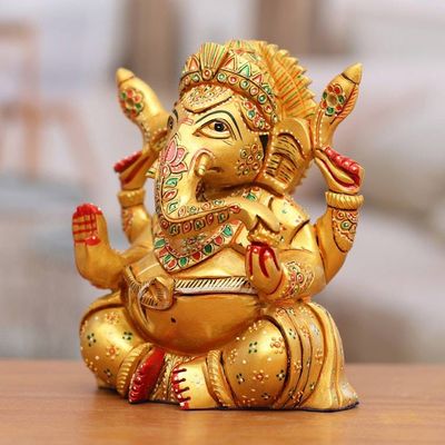 Alternate image for Hand-Painted Traditional Kadam Wood Sculpture of Ganesha Ganesha in Lalitasana