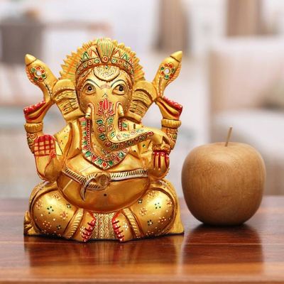 Alternate image for Hand-Painted Traditional Kadam Wood Sculpture of Ganesha Ganesha in Lalitasana