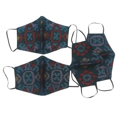 Alternate image for 2 Adult2 Child Handwoven Black  Azure 2-Layer Cotton Ikat Ikat Mystique