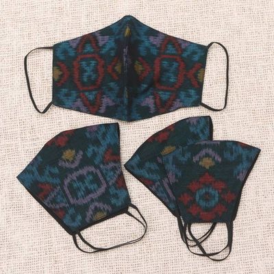 Alternate image for 2 Adult2 Child Handwoven Black  Azure 2-Layer Cotton Ikat Ikat Mystique