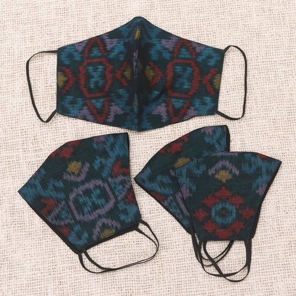 Alternate image for 2 Adult2 Child Handwoven Black  Azure 2-Layer Cotton Ikat Ikat Mystique