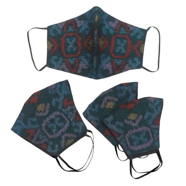 Alternate image for 2 Adult2 Child Handwoven Black  Azure 2-Layer Cotton Ikat Ikat Mystique