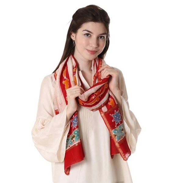Alternate image for Artisan Designed Batik Dyed Cotton and Silk Shawl Volcanic Fire