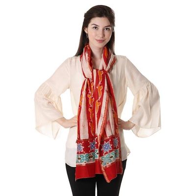 Alternate image for Artisan Designed Batik Dyed Cotton and Silk Shawl Volcanic Fire