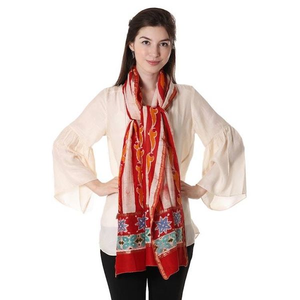 Alternate image for Artisan Designed Batik Dyed Cotton and Silk Shawl Volcanic Fire