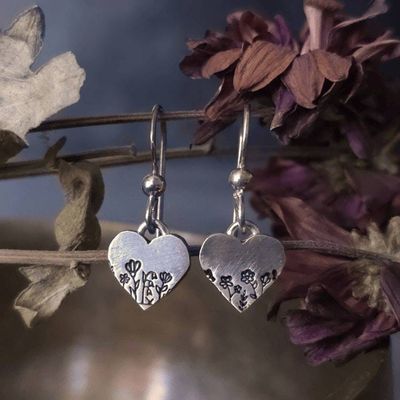 Primary image for Sterling Silver Wildflower Heart Earrings - Hand Stamped Floral Earrings - Nature Jewelry