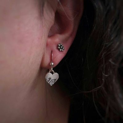 Alternate image for Sterling Silver Wildflower Heart Earrings - Hand Stamped Floral Earrings - Nature Jewelry