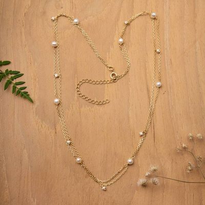 Primary image for Gold-Plated Cultured Pearl Double-Strand Station Necklace Flawless Orbs