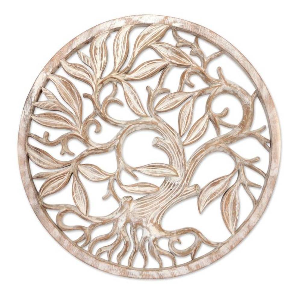 Whitewashed Wood Tree Relief Panel Crafted in Bali 'Snowy Tree'