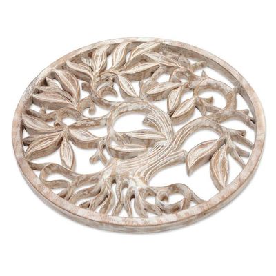 Alternate image for Whitewashed Wood Tree Relief Panel Crafted in Bali Snowy Tree