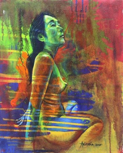 Primary image for Original Signed Artistic Nude Painting in Rainbow Colors Life Must Go On