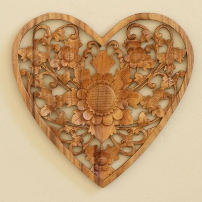 Primary image for Hand Carved Suar Wood Heart Relief Panel with Floral Motif Love Flower