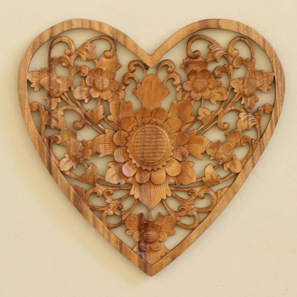 Hand Carved Suar Wood Heart Relief Panel with Floral Motif 'Love Flower'