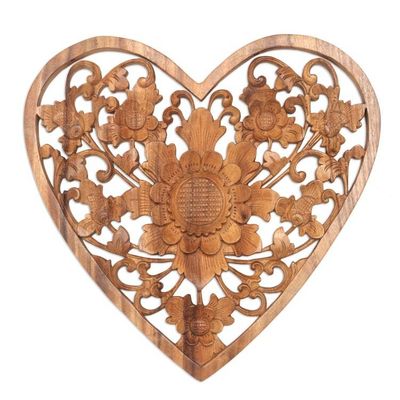 Alternate image for Hand Carved Suar Wood Heart Relief Panel with Floral Motif Love Flower