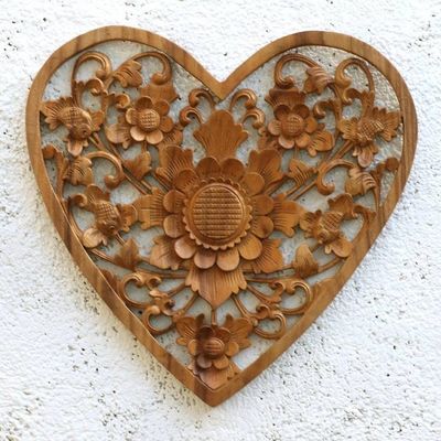 Alternate image for Hand Carved Suar Wood Heart Relief Panel with Floral Motif Love Flower