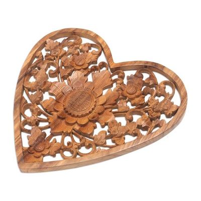 Alternate image for Hand Carved Suar Wood Heart Relief Panel with Floral Motif Love Flower