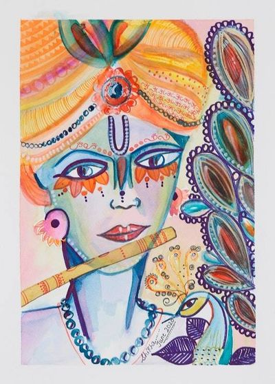Primary image for Signed Krishna Watercolor Painting on Handmade Paper Murlimanohar